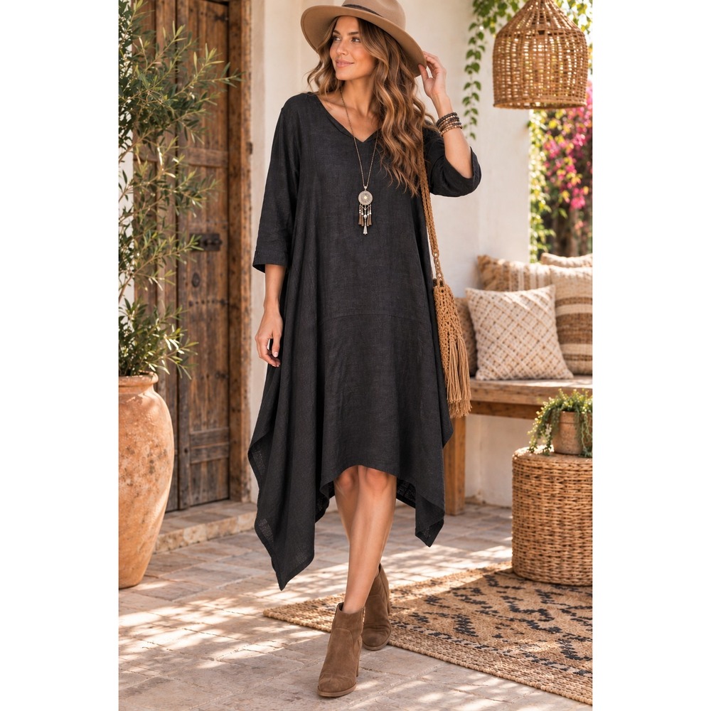 Red Coral Collections S/M Black Linen Rayon Lagenlook Asymmetrical Dress 2470